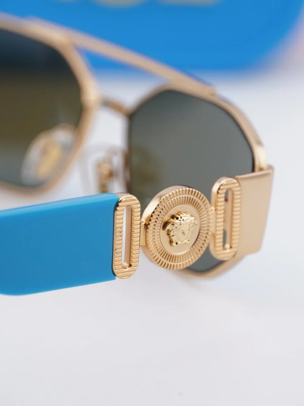 Versace Kids VK2003 100255 Rectangle Sunglasses - Gold/Light Green Mirror Blue